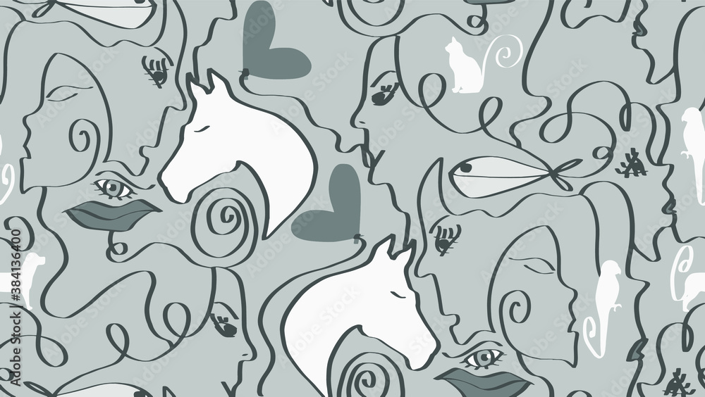 Obraz premium Abstract One Line Drawing Mix Animals Hearts Lips Eyes and Woman Faces Repeating Vector Pattern Isolated Background