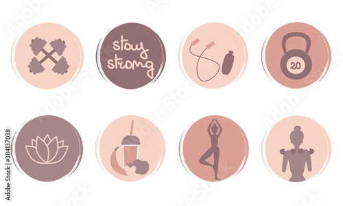 Vector set of logo design templates, icons and badges for social media highlights covers with cute fitness elements