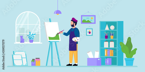 Creativity And Art Concept. An Artist Drawing A Landscape. Male Character Standing With Paint Brush And Palette Of Colors Painting A Picture In An Art Studio. Cartoon Flat Style Vector Illustration