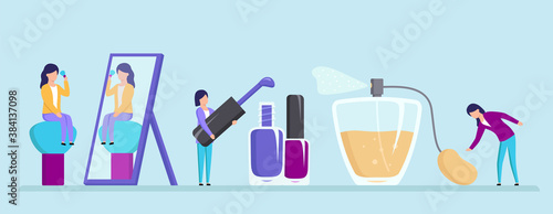 Beauty And Style Concept. Female Characters Powdering Face In Front Of Big Mirror, Holding Brush From Opened Nail Polish, Pressing Fragrance Sprayer. Colorful Cartoon Flat Style Vector Illustration