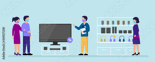 Electronics Store Concept. People Choosing Home Appliances To Buy At The Electronics Supermarket. The Seller Advises About TV Discount, Headphones, Loudspeakers. Cartoon Flat Style Vector Illustration