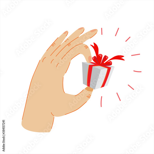 Gift box in hand. Hand holding small gift  with red ribbon. Vector illustration on isolated white background