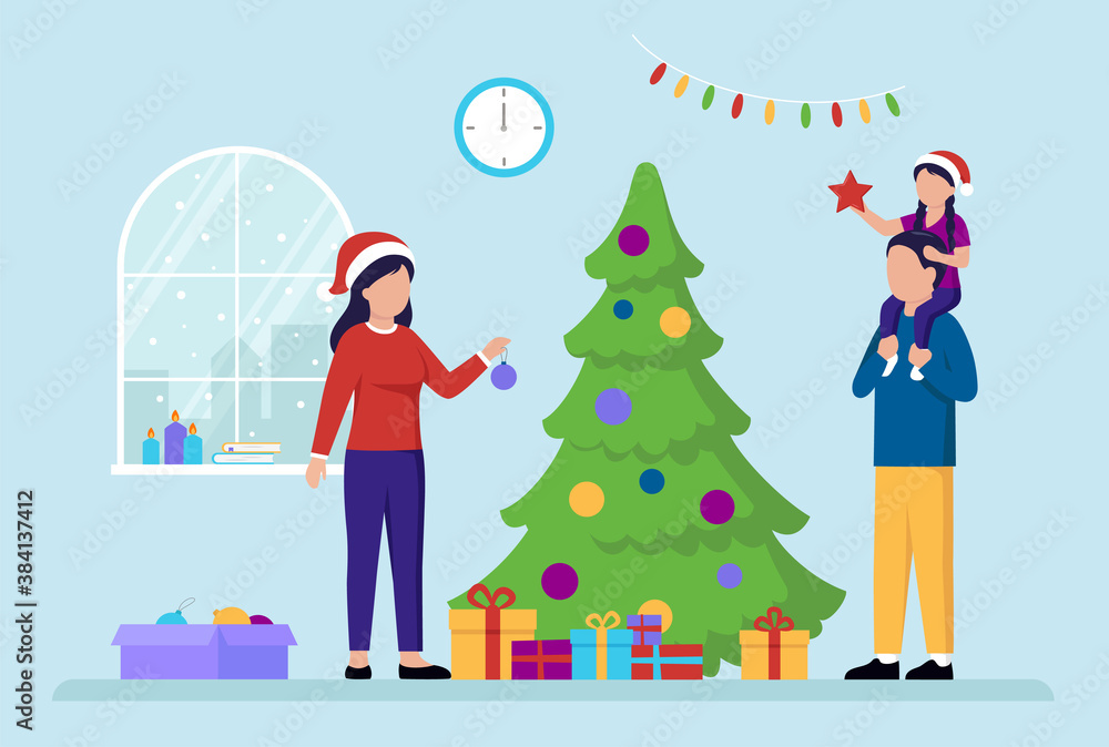 New Year Holiday Celebration Concept. Family Preparing For A New Year Celebration. Mother Decorating The Christmas Tree. Girl Sits On Father s Shoulders Holding A Star. Flat Style Vector Illustration