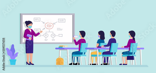 Education And Studies Concept. Pupils In The Classroom Or Students In Auditory Studying, Listening The Lecture And Making A Photo Of Sheme On Blackboard. Cartoon Vector Illustration In Flat Style