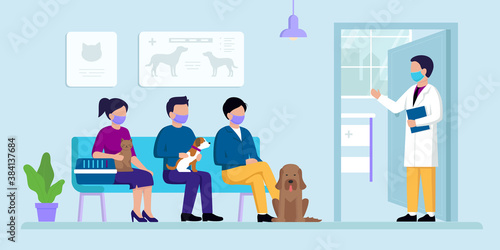 Veterinary Clinic Concept. Veterinarian Opens The Door To His Cabinet For Visitors. People Sitting And Waiting For Appointment With Cats, Dogs And Other Domestic Pets. Flat Style Vector Illustration