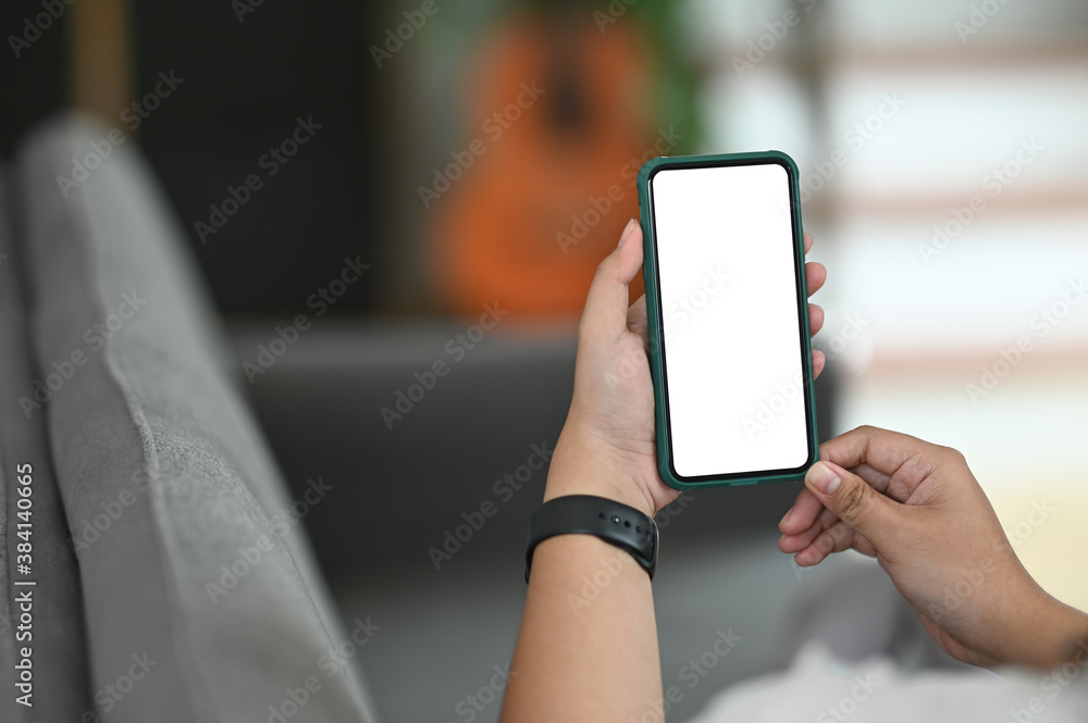 Cropped shot of hands holding smartphone with blank screen on comfortable couch. Cropped shot of hands holding smartphone with blank screen on comfortable couch.