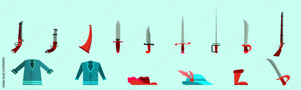 set of musketeers cartoon icon design template with various models. vector illustration isolated on blue background set of musketeers cartoon icon design template with various models. vector illustration isolated on blue background