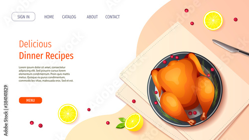 Web page design with baked or rotisserie chicken on the plate, lemon and berries. Cooking, Dinner, Recipes, Restaurant menu concept. Vector illustration for banner, poster, website, menu, flyer.