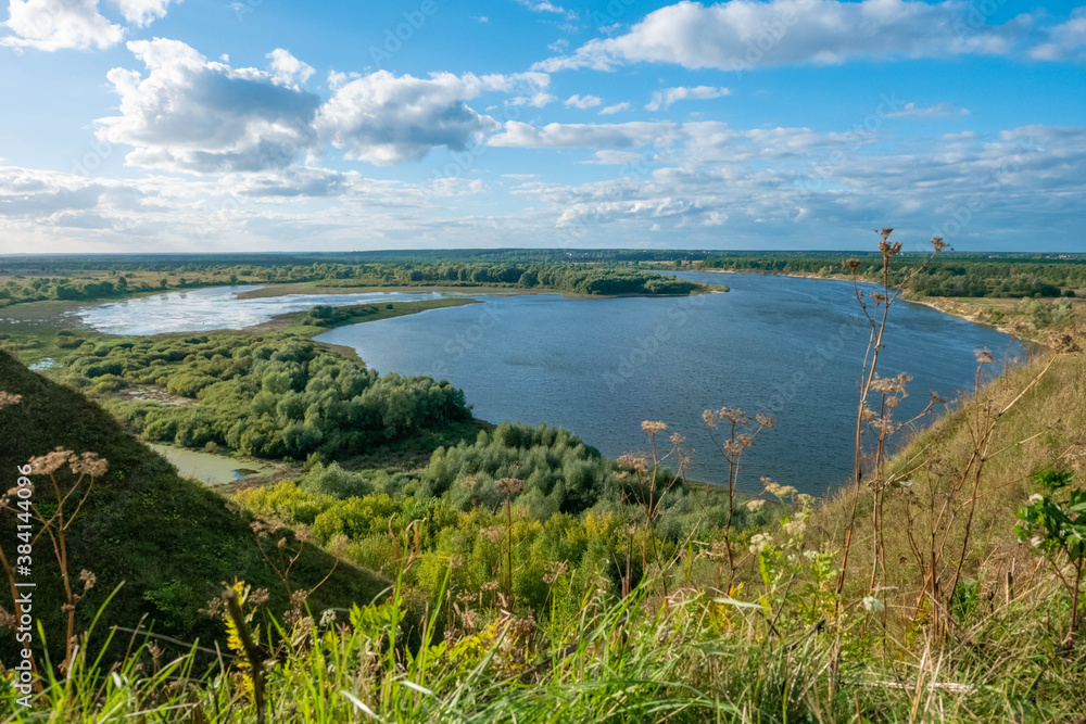 High hills on the Oka river Bank river near Pavlovo town. Central Russia, Nizhny Novgorod region