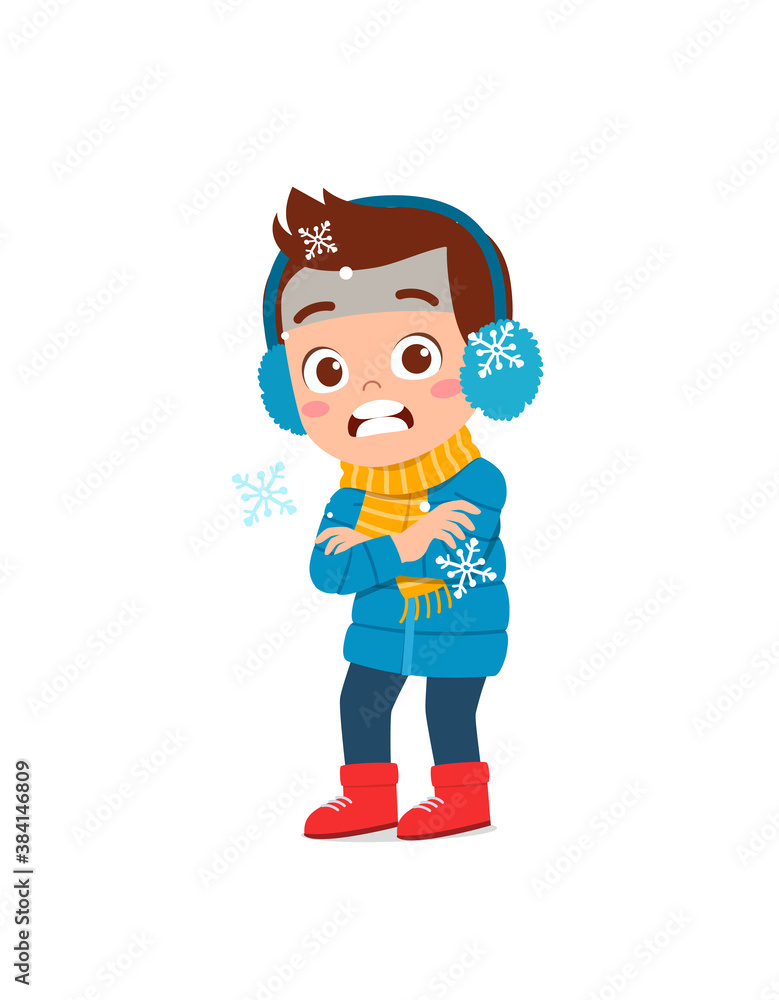 happy cute little kid play and wear jacket in winter season. child feeling chill wearing warm clothes