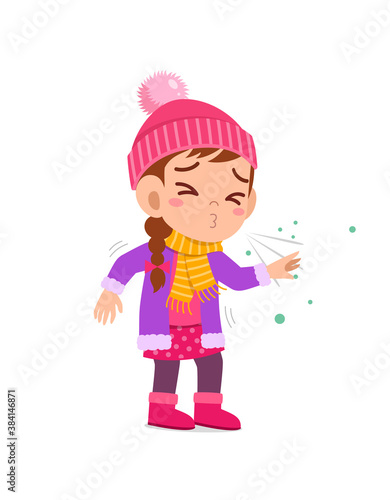 sad cute little kid cough and wear jacket in winter season. child feeling sick wearing warm clothes
