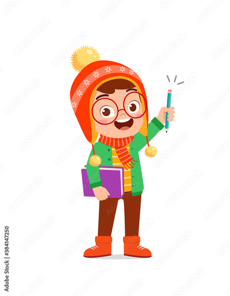 happy cute little kid study and wear jacket in winter season. child read book wearing warm clothes happy cute little kid study and wear jacket in winter season. child read book wearing warm clothes