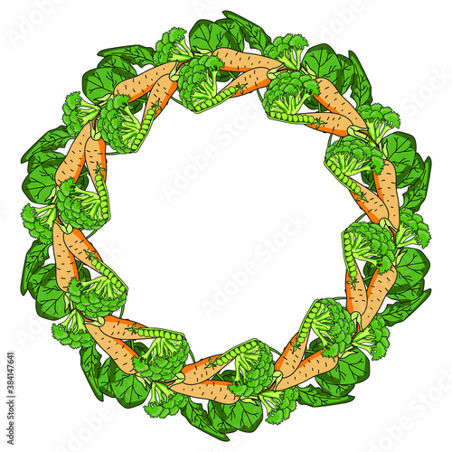 A wreath of vegetables, carrots, broccoli, spinach and peas arranged in a round frame, vector illustration for design and creativity