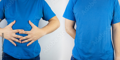 Before and after. In one half of the picture, the man clasped his swollen belly, and in the second, he shows that the problem is gone. Problems with flatulence, bloating, gas, gastrointestinal tract