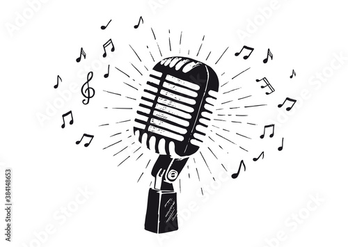 Retro microphone sketch. Hand drawn illustration. Vector.	