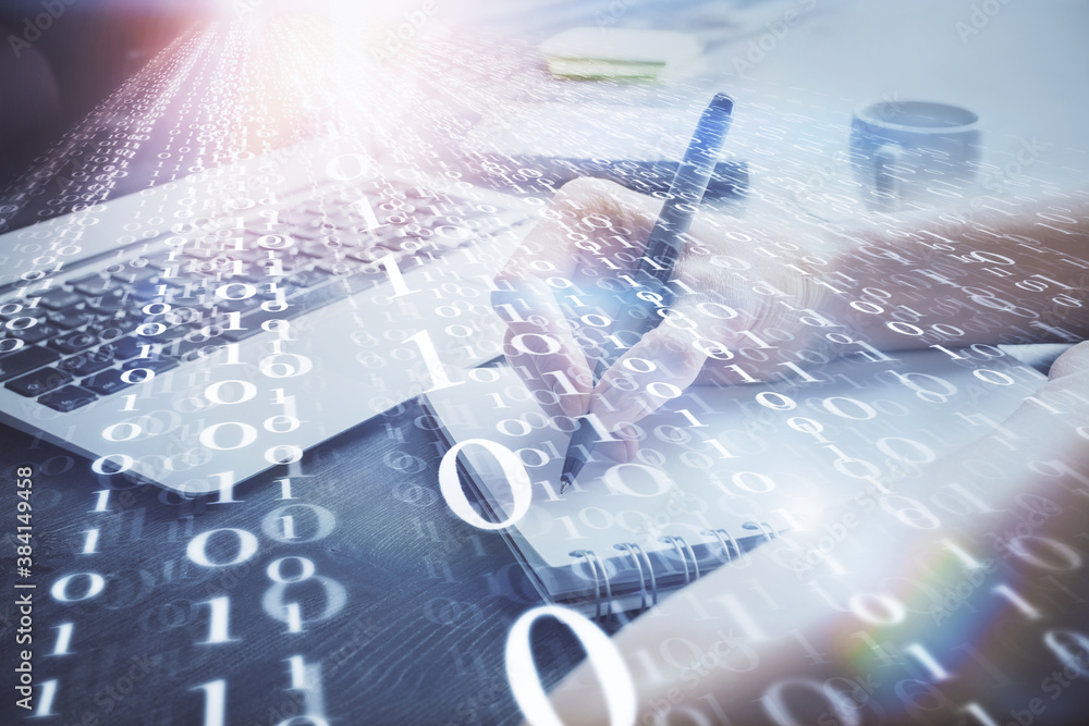 Multi exposure of writing hands on background with data solution hologram. Technology concept. Multi exposure of writing hands on background with data solution hologram. Technology concept.