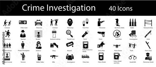Crime Scene Vector Icons Set, Criminal investigation Symbol on White background, Law Enforcement and Police  Concept,