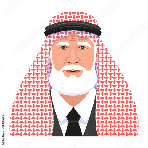 Old Arabian, Saudi Chief with white beard; Aged businessman, politician in traditional ethnic keffiyeh. Vector Illustration.