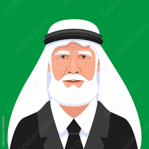 Old Arabian, Saudi Chief with white beard; Aged businessman, politician in traditional ethnic keffiyeh. Vector Illustration.