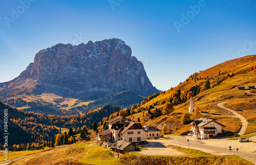 Amazing autumn view on Sassolungo mountain and Gardena Pass. Dolomite Alps, South Tyrol, Italy