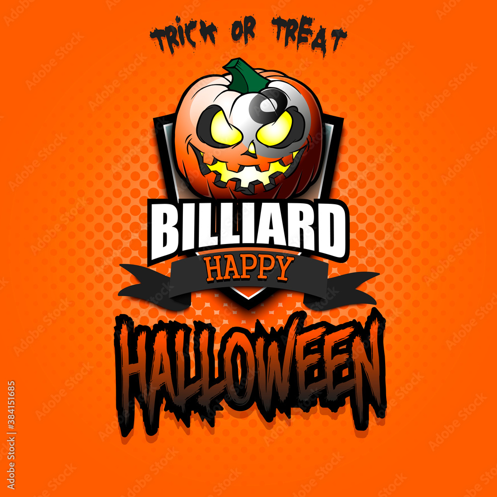 Happy Halloween. Template billiard design. Logo billiard ball in the form of a pumpkin on an isolated background. Pattern for banner, poster, greeting card, party invitation. Vector illustration