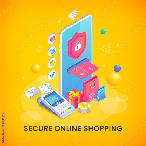 3d internet shopping isometric banner concept. Secure online store design with smartphone, shopping cart, bags, gift and NFC payment terminal. Contactless safe payments vector for web, mobile app