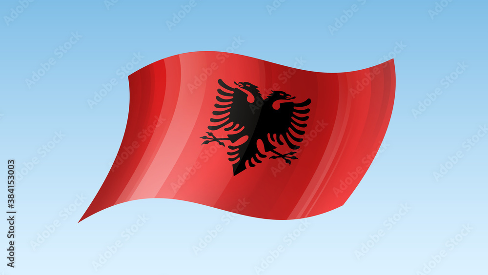Albania flag state symbol isolated on background national banner. Greeting card National Independence Day of the Republic of Albania. Illustration banner with realistic state flag. Albania flag state symbol isolated on background national banner. Greeting card National Independence Day of the Republic of Albania. Illustration banner with realistic state flag.