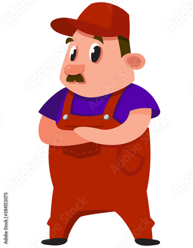 Auto mechanic with his arms crossed. Male character in cartoon style.