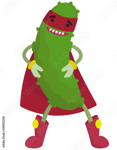 Funny vegetable superhero. Cucumber in cartoon style.