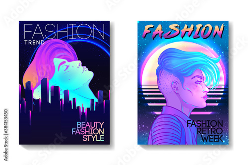 Futuristic synth wave style. Retroparty flyer template. Portrait of a young pretty androgynous woman with short shaved pixie undercut in retro futurism style. Vector illustration in neon bright color