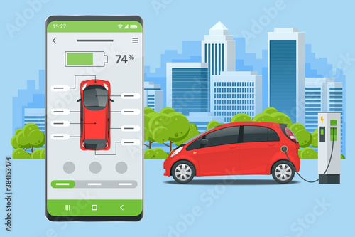 Concept of electric vehicle charge, mobile application for charge management. Car fuel manager smartphone interface.