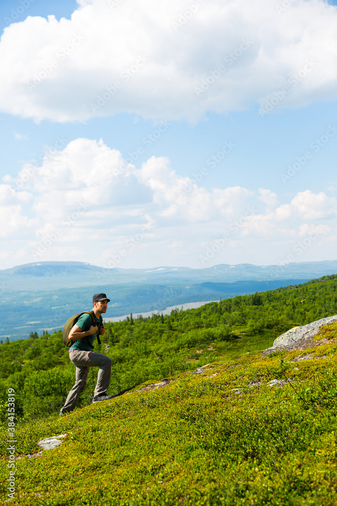 Man hiking in the Swedish northern nature during summer.