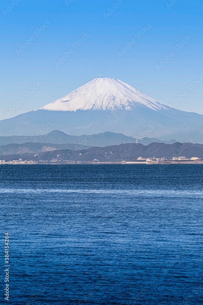 Fuji in winter and the Sagami Sea In Kanagawa Prefecture, Japan