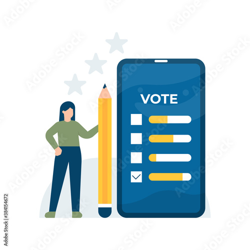 illustration of woman holding a pencil and standing next to a smartphone. the concept of voting, surveys, checklists, and questionnaires. mobile application. flat style. design element