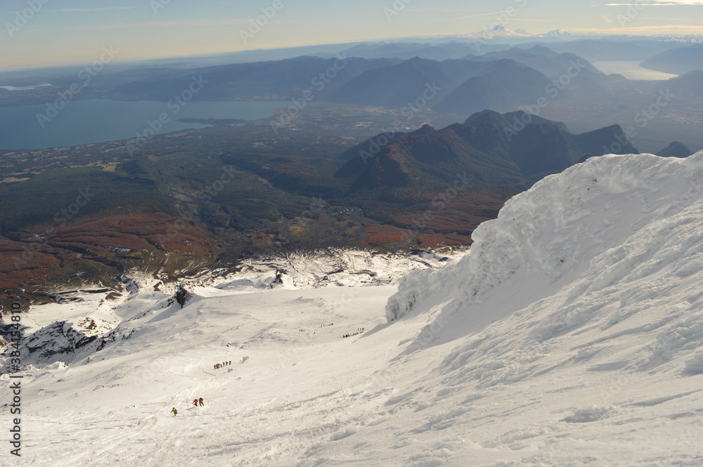 Mountain climbing in the sunrise on Volcan Villarrica in Pucon, Chile