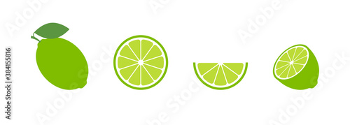 Lime set green flat icon on white background. Lemon citrus isolated vector