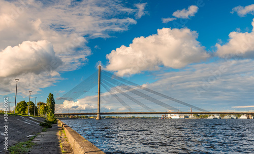 Cable bridge in Riga is 595 meters in length. It is one of five bridges cross...