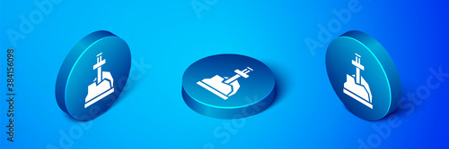 Isometric Sword in the stone icon isolated on blue background. Excalibur the sword in the stone from the Arthurian legends. Blue circle button. Vector.