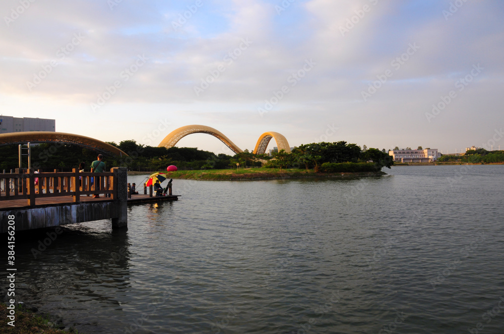 Naklejka premium People fishing in evening, Yingxi Lake, Taiwan.
