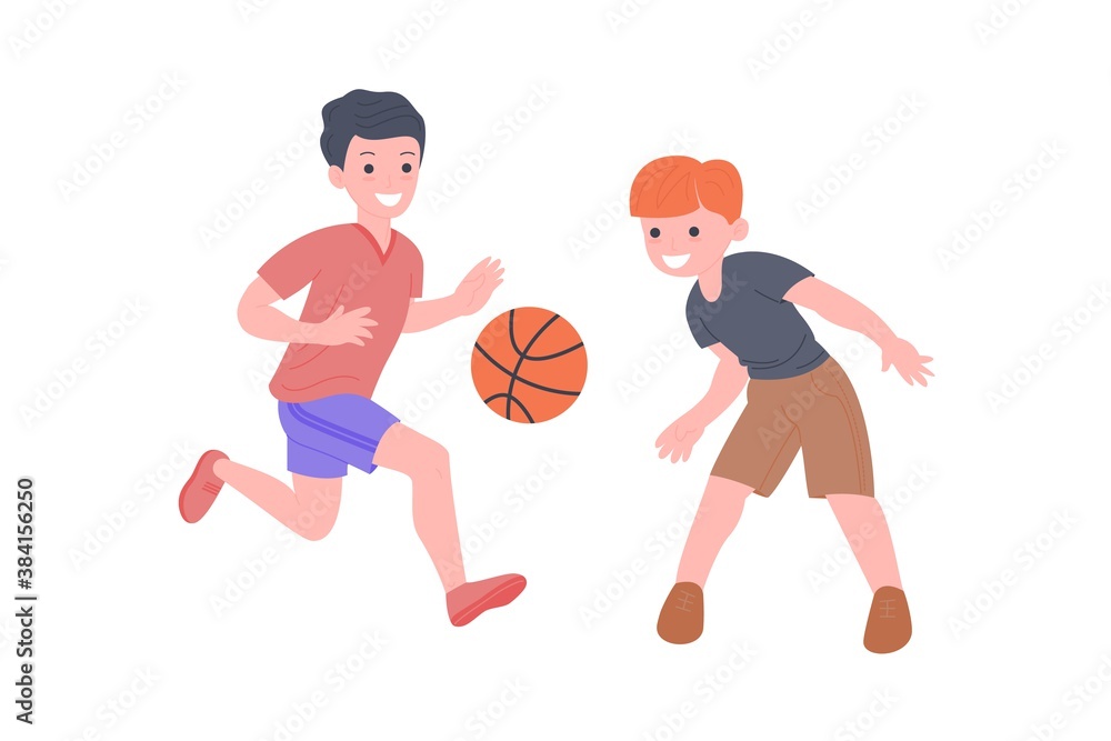 Happy children playing sport game. Boy and girl doing physical exercise. Kids playing basketeball. Active healthy childhood. Flat vector cartoon illustration isolated on white background Happy children playing sport game. Boy and girl doing physical exercise. Kids playing basketeball. Active healthy childhood. Flat vector cartoon illustration isolated on white background