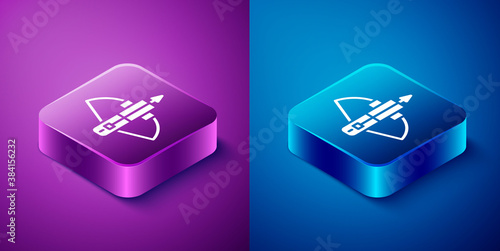 Isometric Battle crossbow with arrow icon isolated on blue and purple background. Square button. Vector.