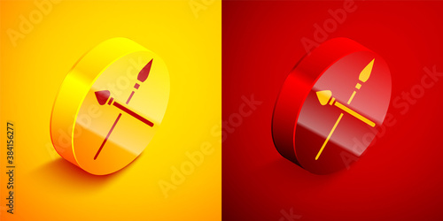 Isometric Crossed medieval spears icon isolated on orange and red background. Medieval weapon. Circle button. Vector.
