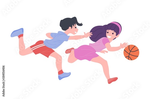 Happy children playing sport game. Boy and girl doing physical exercise. Kids playing basketeball. Active healthy childhood. Flat vector cartoon illustration isolated on white background