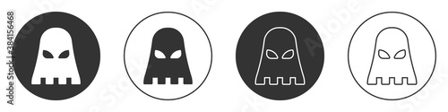 Black Executioner mask icon isolated on white background. Hangman, torturer, executor, tormentor, butcher, headsman icon. Circle button. Vector illustration