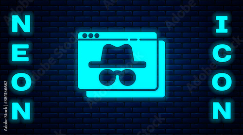 Glowing neon Browser incognito window icon isolated on brick wall background. Vector.