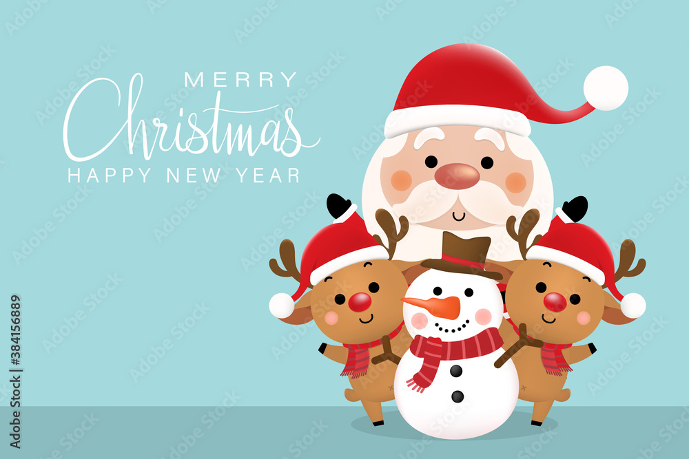 Merry Christmas and happy new year greeting card with cute Santa Claus, deer and snowman. Holiday cartoon character in winter season. -Vector.