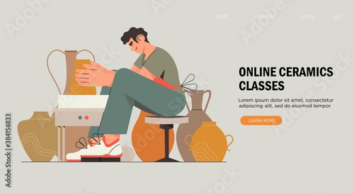 Clayware crafting hobby, online classes, handmade pottery concept. Young man on online ceramic lesson, earthenware workshop, professional clay artist in apron making ceramic jar. Vector illustration.