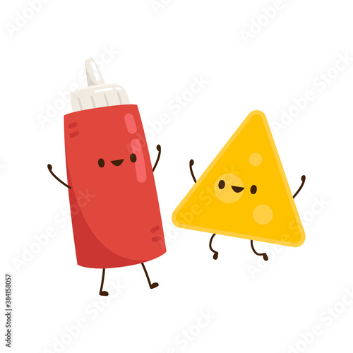 Nacho and Tomato sauce character design. Nachos on white background.