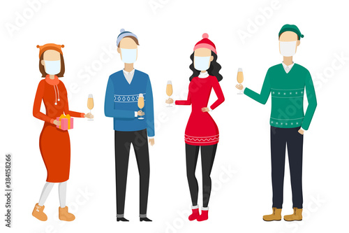 Christmas party. People in face masks drinking alcohol. Vector illustration.