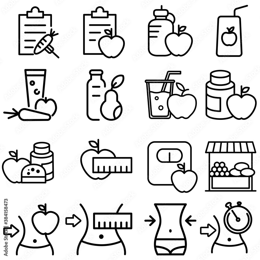 Diet icon vector set. Proper nutrition illustration sign collection. slimming symbol. Diet icon vector set. Proper nutrition illustration sign collection. slimming symbol.